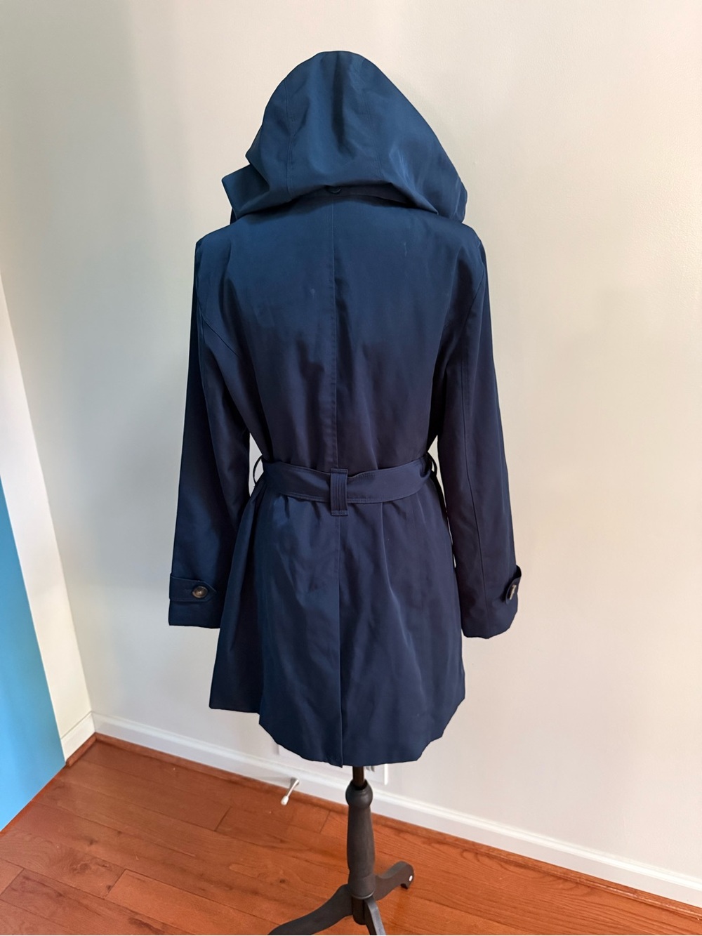 London Fog Navy Blue Hooded Belted Trench Rain Coat Women’s Classic Jacket - Picture 4 of 9